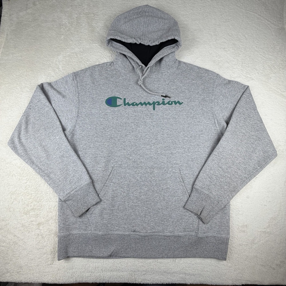 Champion Hoodie Mens L Gray/Teal Script Logo Pullover Sweatshirt Fleece